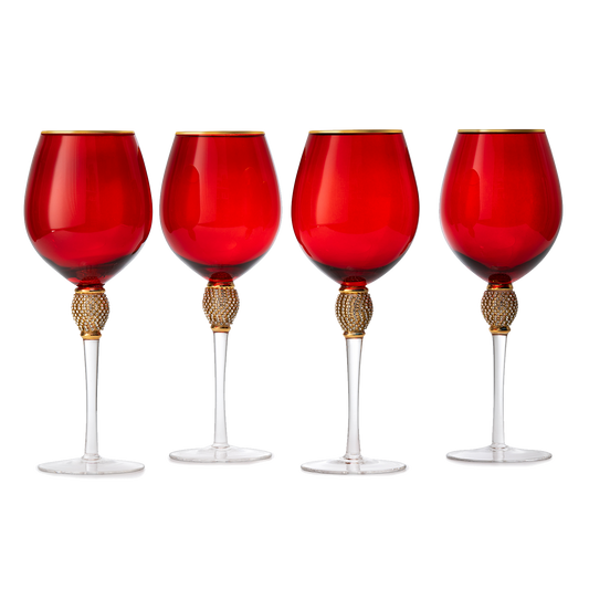 Large Diamond Wine Glasses, 10" H Gold Rim Rhinestone (4, Red)