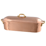 Mauviel M'Tradition Hammered Copper & Tin Inside Fish Kettle For Trout With Grid, Lid & Brass Handles, 5.9-Qt