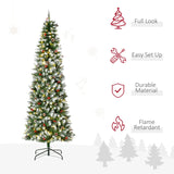 HOMCOM 7.5ft Pre-Lit Snow-Dipped Artificial Christmas Tree with Realistic Branches, 350 LED Lights, Pine Cones, Red Berries and 1075 Tips