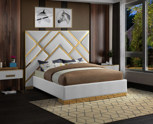 Vector Contemporary Velvet Bed with Polished Gold Metal Design - Luxe Supportive Platform Style