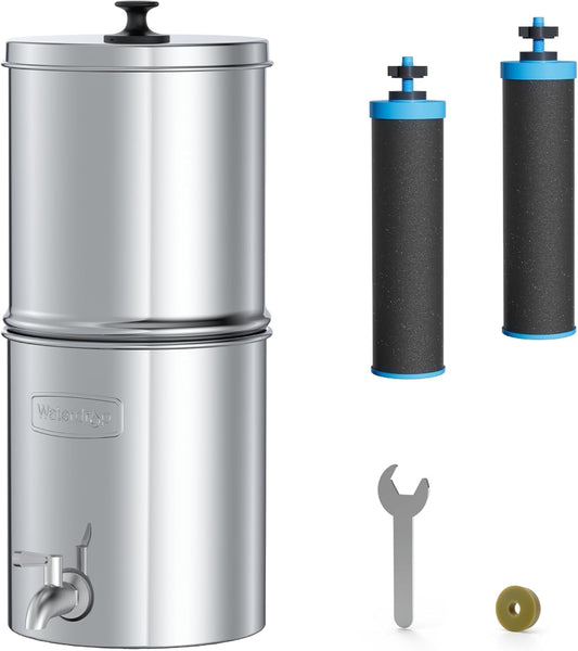 Waterdrop Alkaline Gravity-fed Water Filter System, Increase PH, Reduces Lead and up to 99% of Chlorine, with 2 Black Carbon Filters and Metal Spigot, King Tank Series, 2.25G