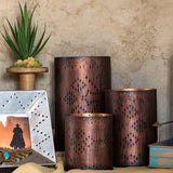 Cross Distressed Metal Cylinder Pillar 3PC Candle Holder, 2 MOQ
