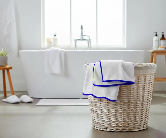 White Large Bath Towels - Royal Blue Border