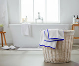 White Large Bath Towels - Royal Blue Border
