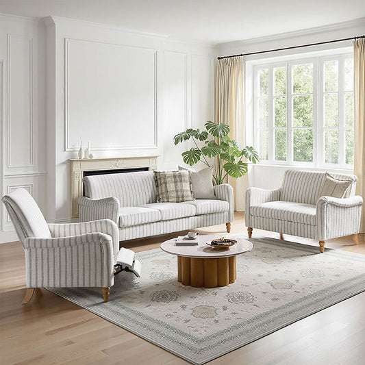 4-Piece Striped Farmhouse Living Room Set (Sofa, Loveseat, Recliner & Lift-Top Coffee Table