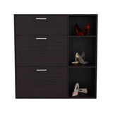 TUHOME Showie Shoe Rack with Three Doors, Adjustable Interior Shelves, Side Storage Compartments and Upper Drawer, Modern Organizational Cabinet for Footwear and Accessories, Ideal for Entryways, Hallways or Closet Spaces