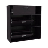 TUHOME Showie Shoe Rack with Three Doors, Adjustable Interior Shelves, Side Storage Compartments and Upper Drawer, Modern Organizational Cabinet for Footwear and Accessories, Ideal for Entryways, Hallways or Closet Spaces