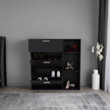 TUHOME Showie Shoe Rack with Three Doors, Adjustable Interior Shelves, Side Storage Compartments and Upper Drawer, Modern Organizational Cabinet for Footwear and Accessories, Ideal for Entryways, Hallways or Closet Spaces