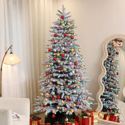 HOMCOM 7.5ft Snow Flocked Artificial Christmas Tree, Pre-Lit Christmas Tree with 500 LED Lights and 1264 Branch Tips, Green