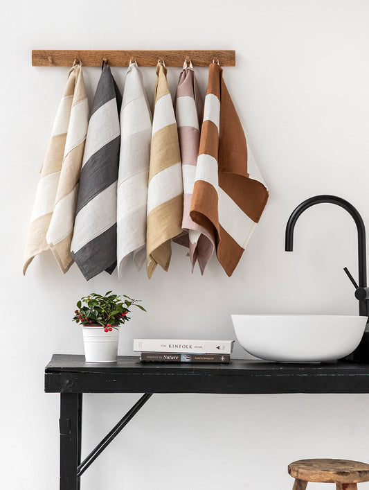 Zero-waste striped linen tea towel in Clay