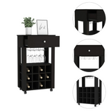 Memphis Bar Cart with Twelve Built-In Wine Rack Cubbies, Smooth-Glide Storage Drawer, Open Display Space and Mobile Caster Wheels for Organized Home Entertaining, Wine Storage and Modern Beverage Service Convenience