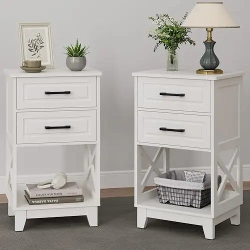 Tall Nightstand Set of 2, Black Side Table with 2 Drawers