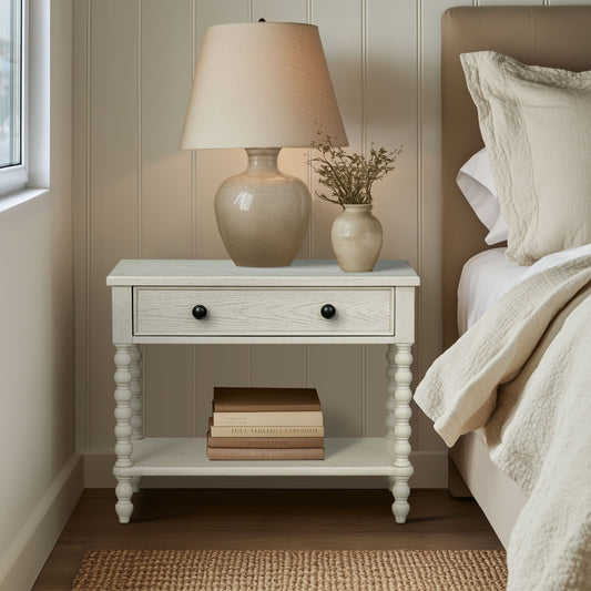 26"H Large Turned Wood Spindle Nightstand, Antique Cream