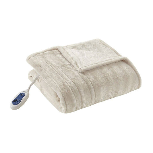 Heated 50x70" Faux Fur Electric Throw Blanket, Ivory