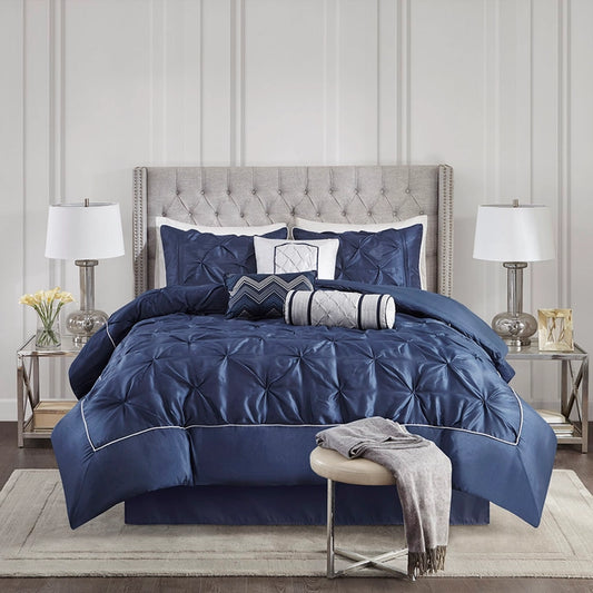 Silky Tufted 7-Piece Comforter Set, Navy Blue