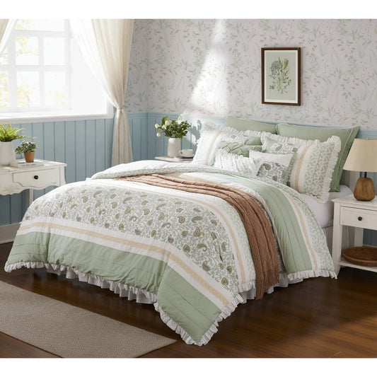 9 Piece Cotton Percale Floral Comforter Set, Sage Green