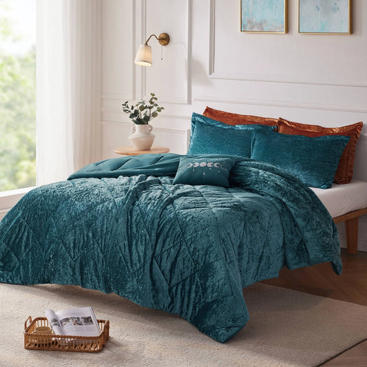 Crushed Velvet 4-Piece Comforter or Duvet Cover Set, Teal