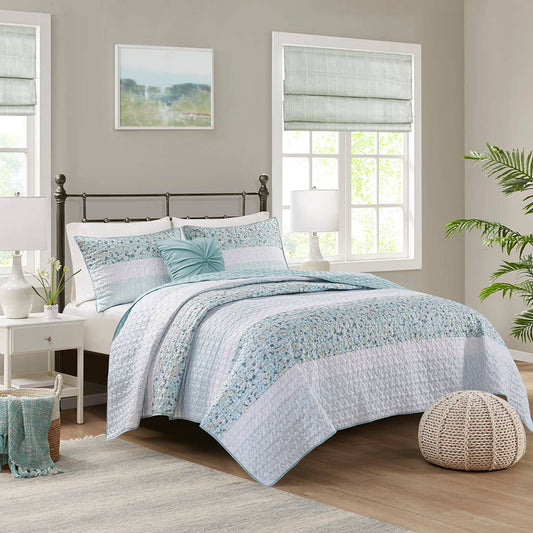 4 Piece Seersucker Quilt Set with Throw Pillow, Aqua