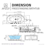 Stone Belle 67 x 32 Combination Flat Bottom Freestanding Bathtub with Center Drain in Black with Massage jets and Lights