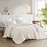 Grid Textured Soft Washed Pleated Comforter Set, Neutral