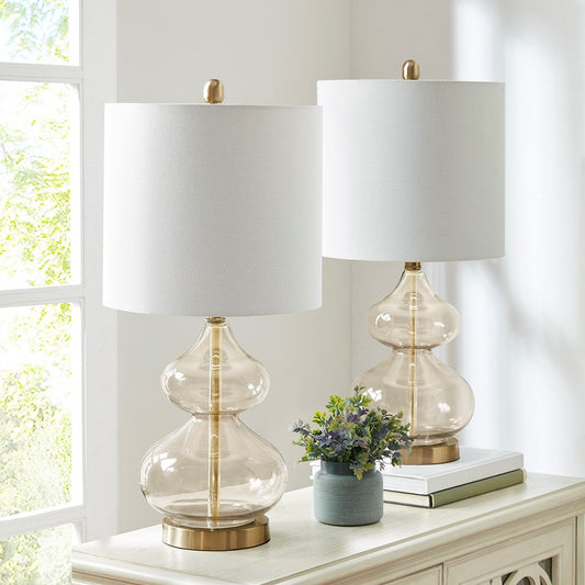 [Set of 2] Clear Glass Base Table Lamps, Gold Glass