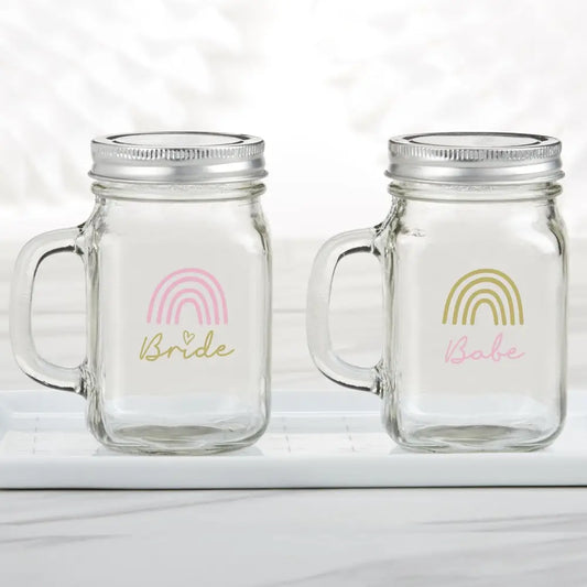 12 oz. Mason Jar Mug with Lid - Boho Rainbow Bride & Babe (Set of 6)