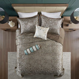 5 Piece Jacquard Bedspread Set and Throw Pillows, Blue/Brown