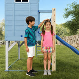 9-in-1 Wooden Playhouse Slide Kitchen Sandbox, Blue