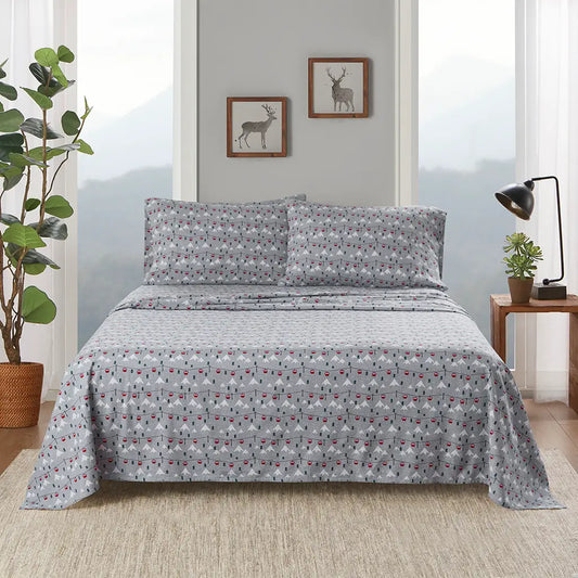 Wholesale Ski Jump Novelty Printed Soft Cotton Flannel Sheet Set, Grey