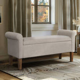 Transitional Cream Upholstered Rolled Armrest Storage Bench