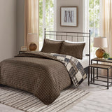 3 Piece Reversible Patchwork Printed Quilt Set, Black/Brown