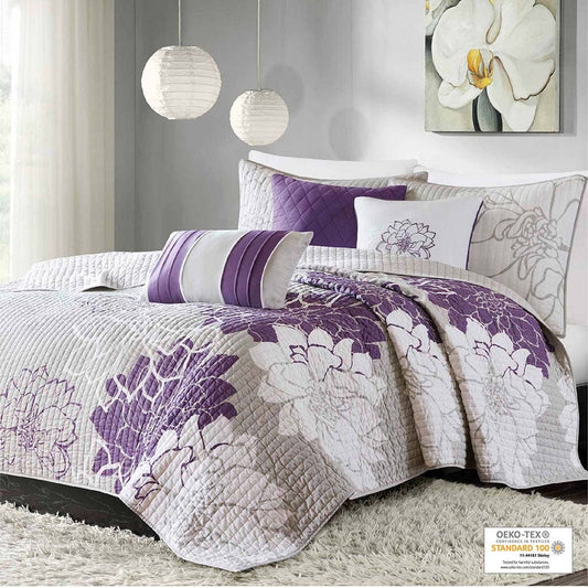 6-Piece Taupe Grey/Purple Floral Cotton Quilt Set