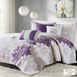6-Piece Taupe Grey/Purple Floral Cotton Quilt Set