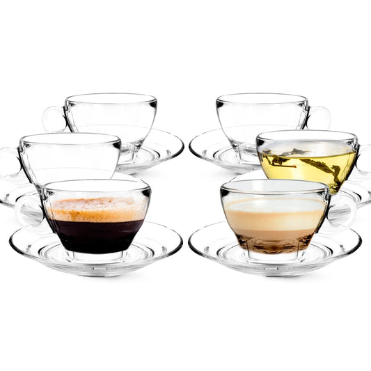 Glass Latte Cups & Saucers, 8.75 oz, Set of 6