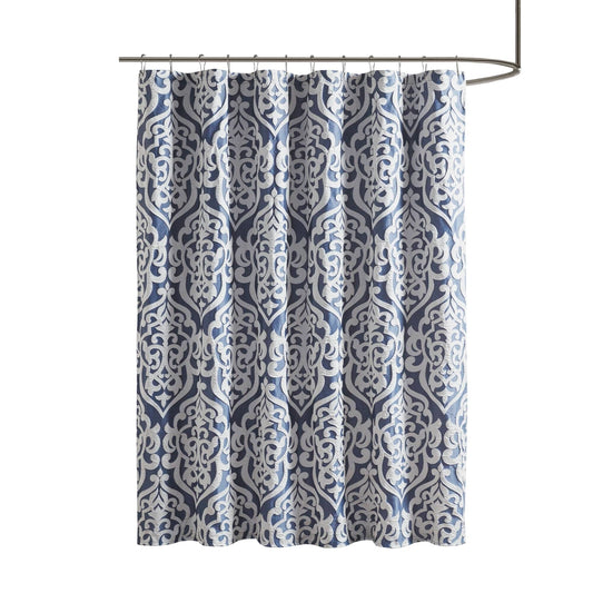 Silver Damask Medallion Jacquard Shower Curtain, Navy