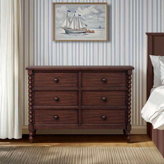 Wholesale 46"W 6-Drawer Small Spindle Wood Dresser, Morocco Brown *