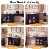 Rotatable L-Shaped Vanity Desk with Led Light, Double Arched