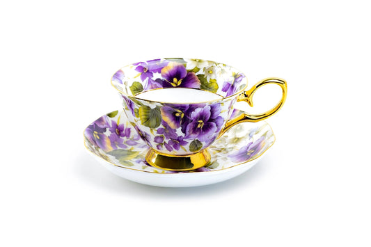 Purple Pansy Gold Bone China Tea Cup & Saucer