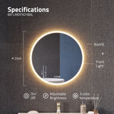 ANZZI Round LED Smart Mirror (24, 28, or 32 in. Diam.), Copper-Free, Adjustable CCT, Built-in Defogger, UL-Certified Electronics, IP44 Rated