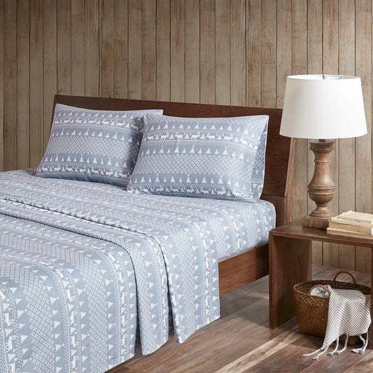 Cotton Flannel Winter Sheet Set, Winter Forest Blue