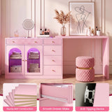 Rotatable L-Shaped Vanity Desk with Led Light, Double Arched