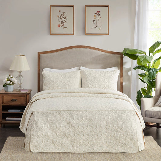 3 Piece Split Corner Pleated Quilted Bedspread, Cream