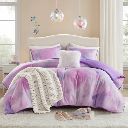Watercolor Tie Dye Comforter Set with Throw Pillow, Purple