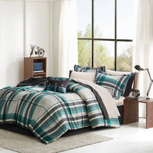 Teal/Black Plaid Comforter Set with Bed Sheets