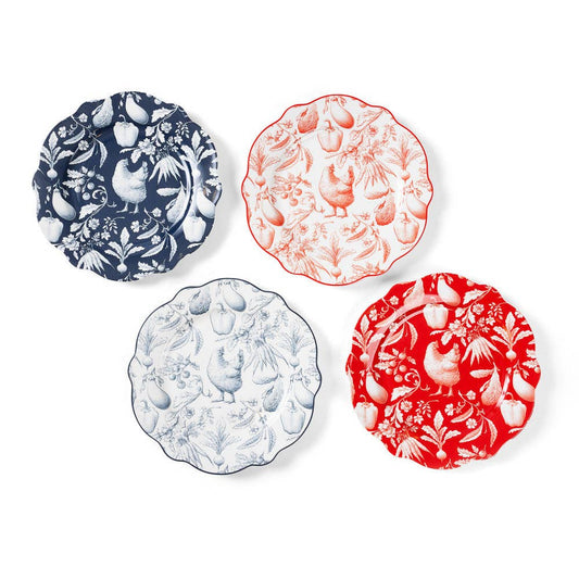 Blue & Red Gertrude Chicken Dessert Plates Set of 4