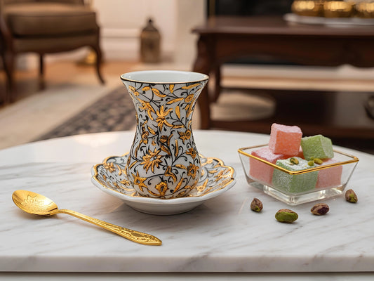 Handmade Turkish Tea Cups & Saucers with Gold Accent