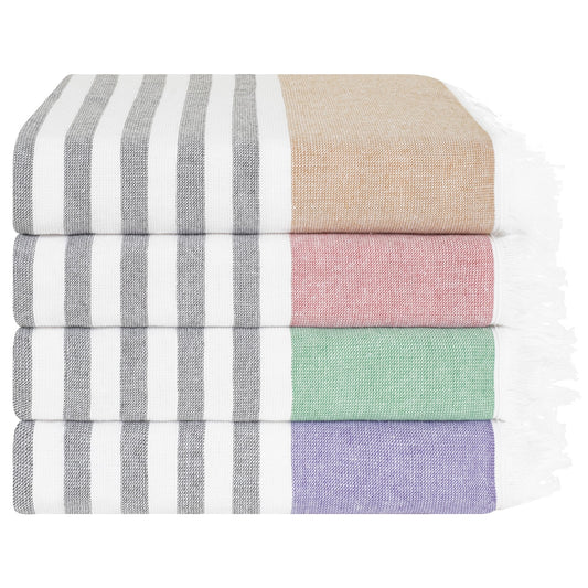 4 Packed Terry Peshtemal and Beach Towel, Mediterranean Collection, 35" x 60",  Modern & Traditional Turkish Towels - 11 Set Case Pack