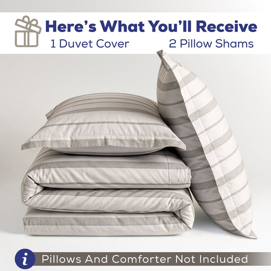 American Soft Linen 100% Washed Cotton Percale Duvet Cover Set – 200TC Yarn-Dyed Striped Bedding with 2 Pillow Shams