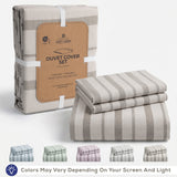 American Soft Linen 100% Washed Cotton Percale Duvet Cover Set – 200TC Yarn-Dyed Striped Bedding with 2 Pillow Shams