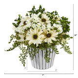 10” Mixed Daisy Arrangement in White Vase Silver Trimming